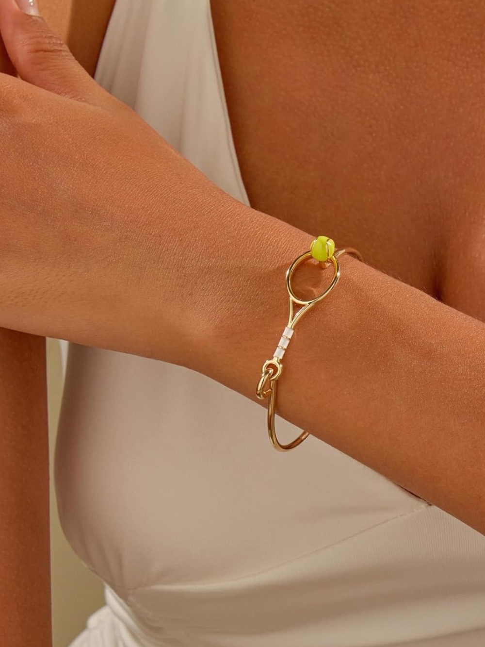 Gold Tennis Racket Bracelet Green Ball Sport Bangle Bracelet Fifi’s Closet - Picture 3 of 7